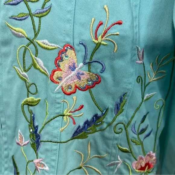 Quacker Factory Embroidered Mandarin Collar Stretch Jacket Turquoise Aqua Size M - Picture 5 of 14